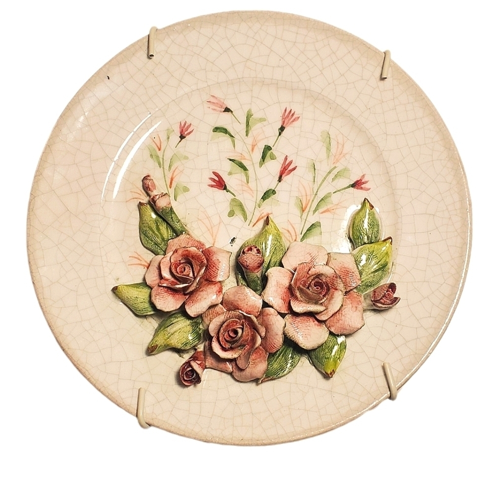 Vintage Capodimonte Italian Porcelain Rose Plate Crackled Italy Stamped Signed